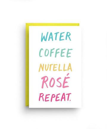 Text from top to bottom of card: water, coffee, nutella, rose repeat. Colors in order from top to bottom: blue, green, yellow, light pink, dark pink. 
